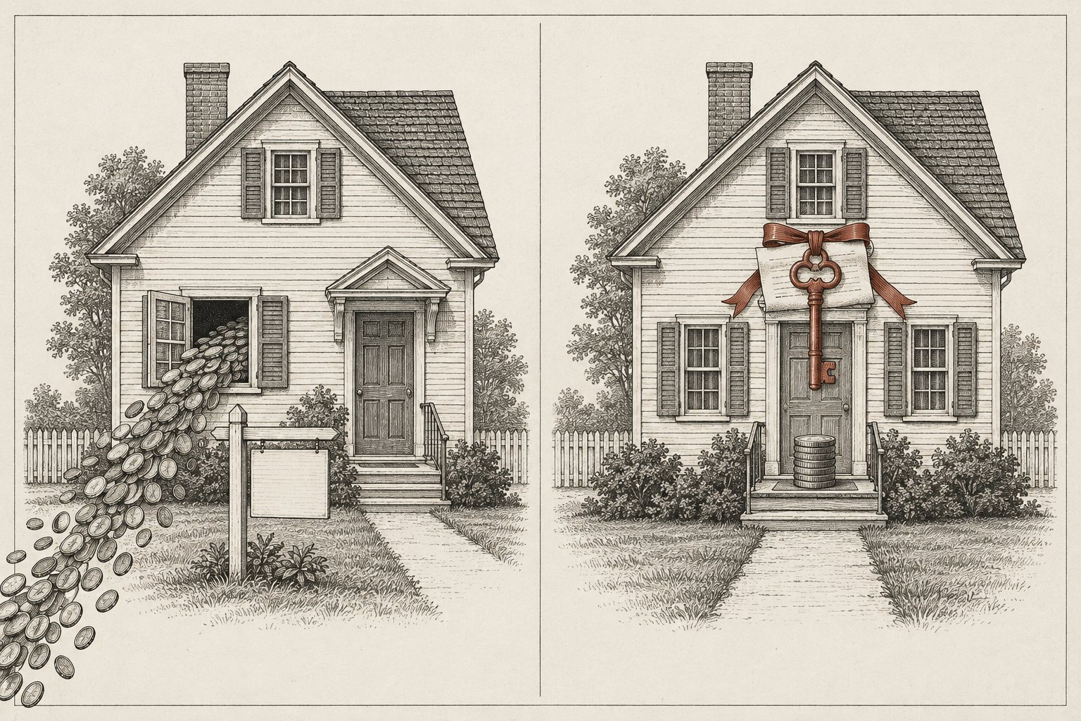 Engraved comparison plate of two houses: one leaking a stream of coins from a window, one holding a red key and a single stack of coins at the door