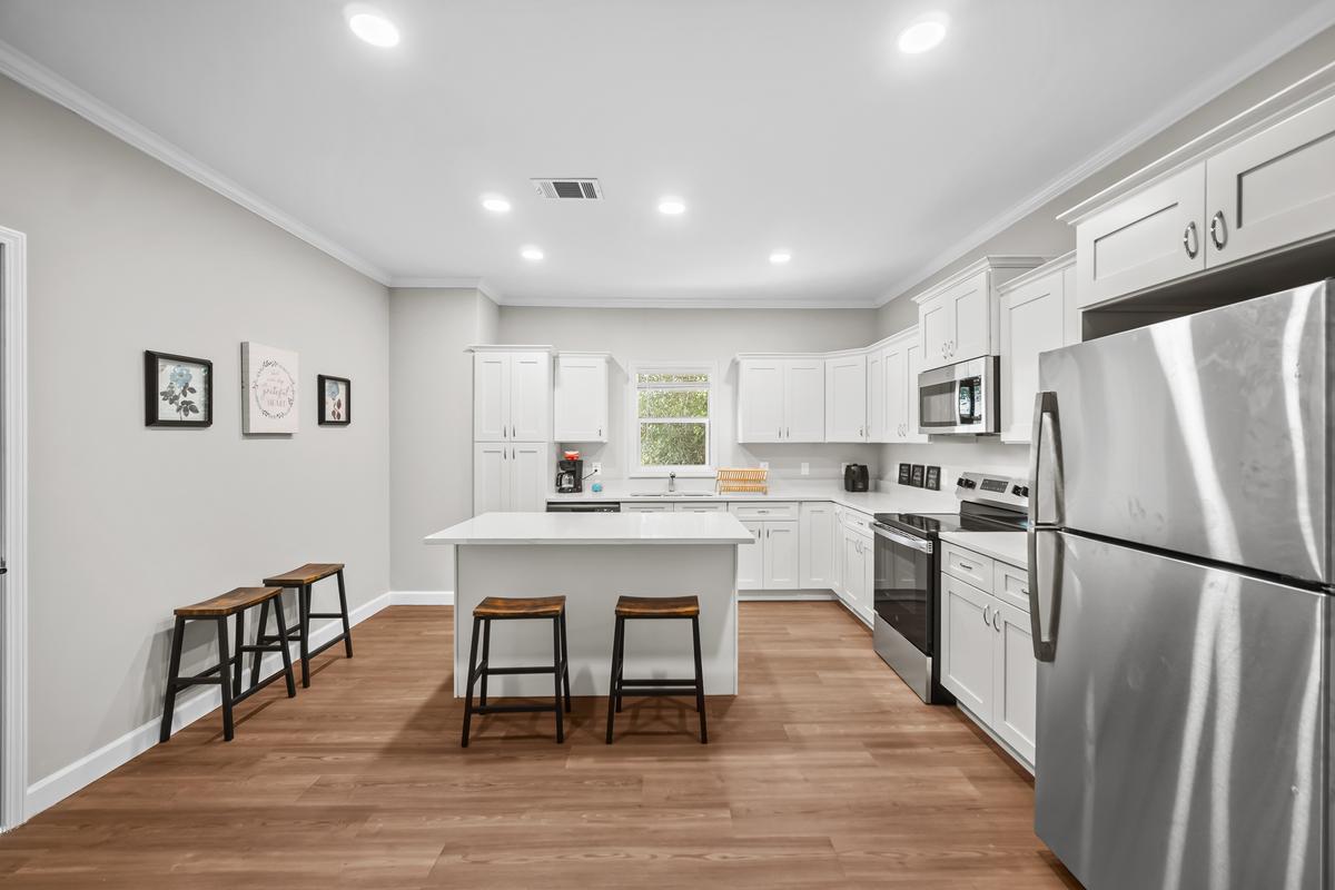 Renovated shared kitchen at the Van Buren House