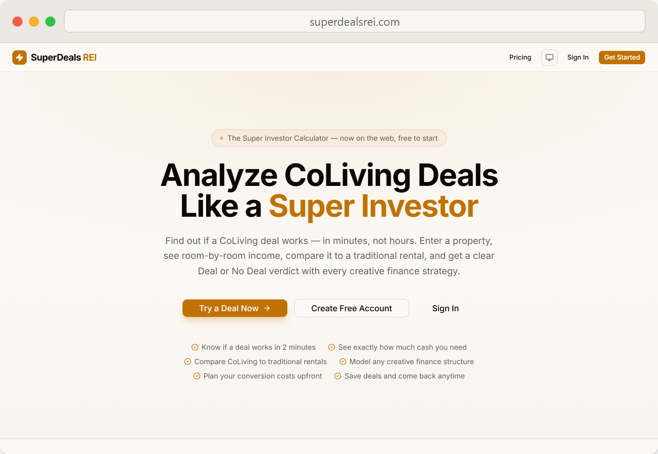 SuperDeals REI, a web app for analyzing coliving deals, shown in a browser window